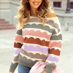 Gray Wave Striped Balloon Sleeve Drop Shoulder Sweater