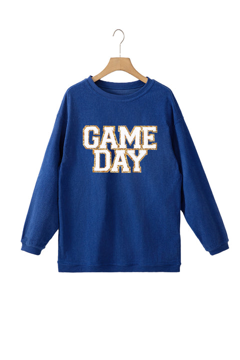 Dark Blue GAME DAY Glitter Detail Ribbed Drop Shoulder Sweatshirt