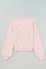 Gossamer Pink Openwork Plaid Puff Sleeve Cropped Sweater