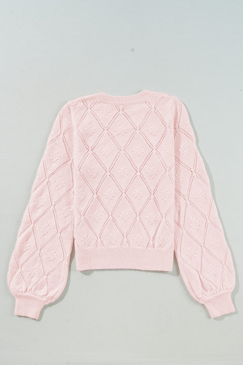 Gossamer Pink Openwork Plaid Puff Sleeve Cropped Sweater