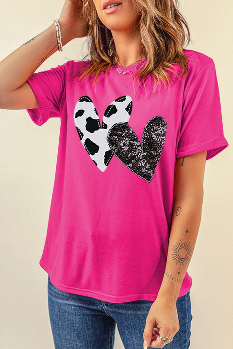 Rose Red Sequined Double Heart Graphic Crewneck T Shirt