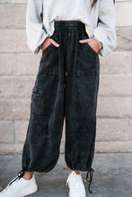 Black Mineral Wash Textured Drawstring Wide Leg Pants