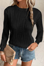 Black Textured Wavy Round Neck Long Sleeve Top