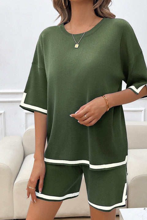 Fern Green Contrast Edge Knitted Sweater Tee and Shorts Lounge Set