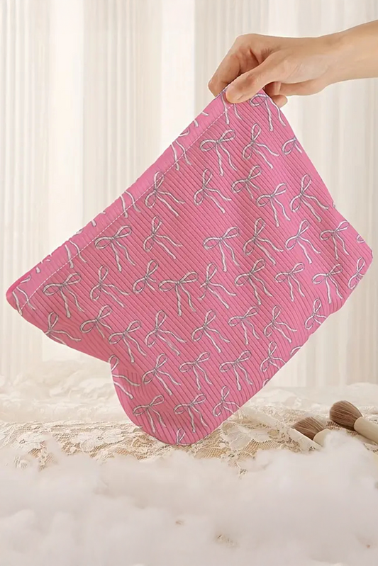 Bright Pink Valentines Fashion Bow Print Ribbed Storage Bag