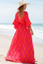 Orange Leafy Print 3/4 Sleeve V Neck Buttoned Split Maxi Dress