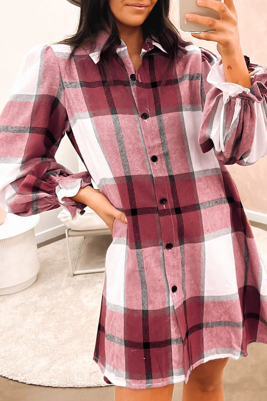 Brown Plaid Pattern Collared Neck Ruffled Sleeve Shirt Dress