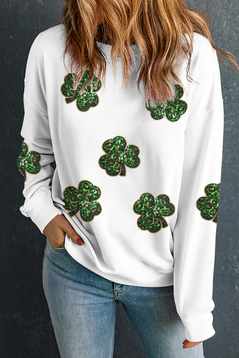 White Sequin Clover Patched Pattern St Patrick Pullover Sweatshirt