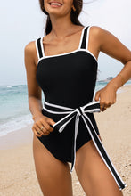 Black Colorblock Edge Belted One Piece Swimsuit