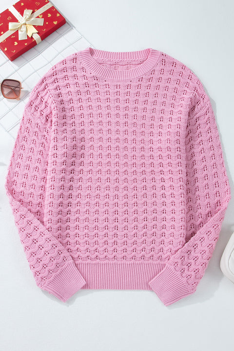 Pink Crochet Knit Drop Shoulder Sweater