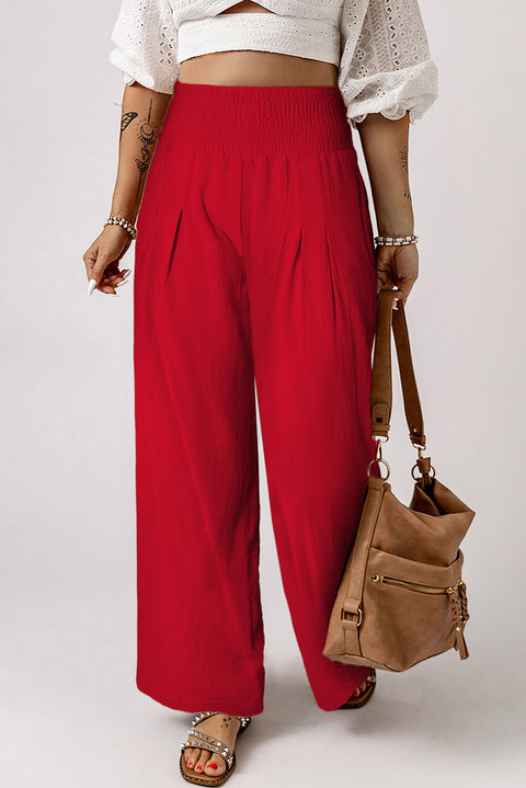 Khaki Smocked Wide Waistband High Waist Wide Leg Pants