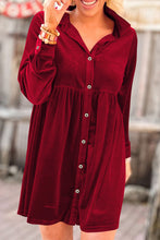 Rose Long Sleeve Ruffle Velvet Button Up Dress