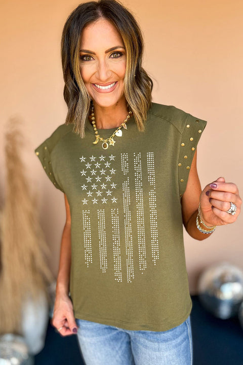 Guacamole Green Rhinestone Stars Stripes Graphic Studded Sleeve Tee