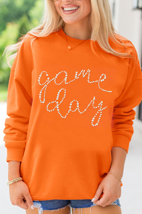 Orange Rhinestone game day Pattern Drop Shoulder Sweatshirt