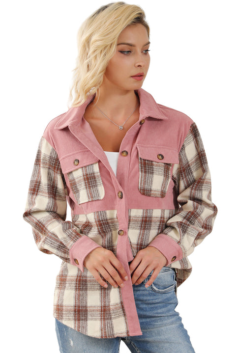 Plaid Corded Patchwork Flap Pocket Shacket