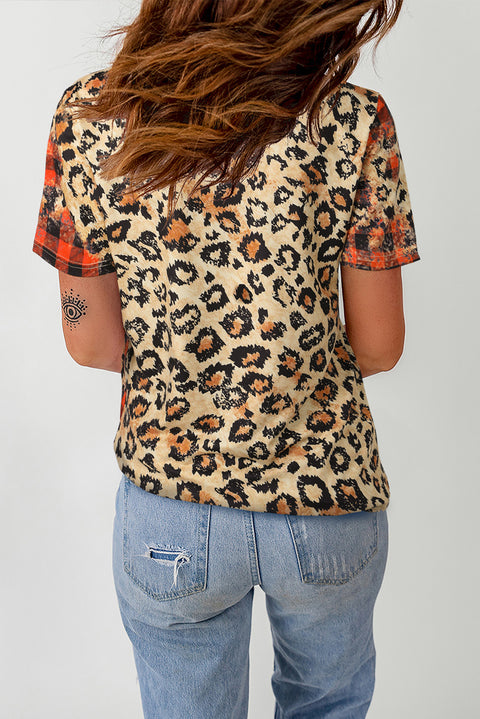 Leopard MAMA Heart Leopard Plaid Print O Neck T Shirt