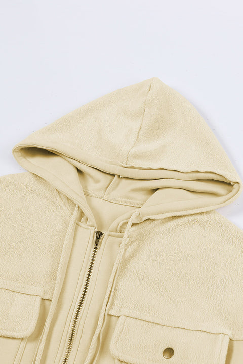 Green Flap Pocket Drawstring Hood Zip Up Jacket