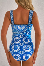 Blue Tile Pattern Ricrac Wide Straps Sheath One Piece Swimsuit