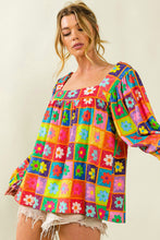 Multicolor Floral Crochet Square Neck Puff Sleeve Blouse