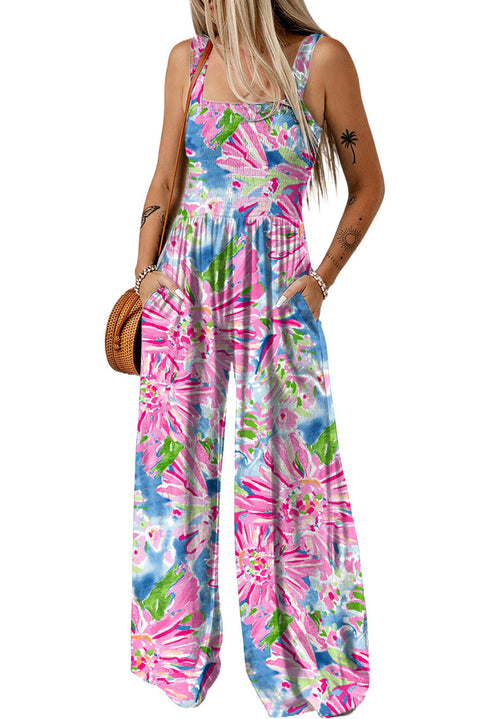 Smocked Sleeveless Wide Leg Jumpsuit with Pockets