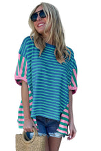 Blue Stripe Colorblock Patchwork Baggy T Shirt