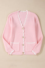 Pink Ribbed Knit Scalloped Edge Side Pockets Buttoned Cardigan