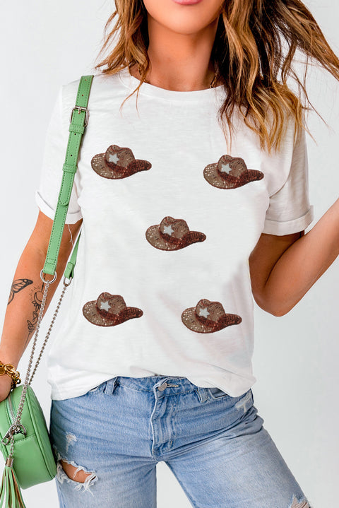 White Sequin Cowgirl Hats Graphic T Shirt