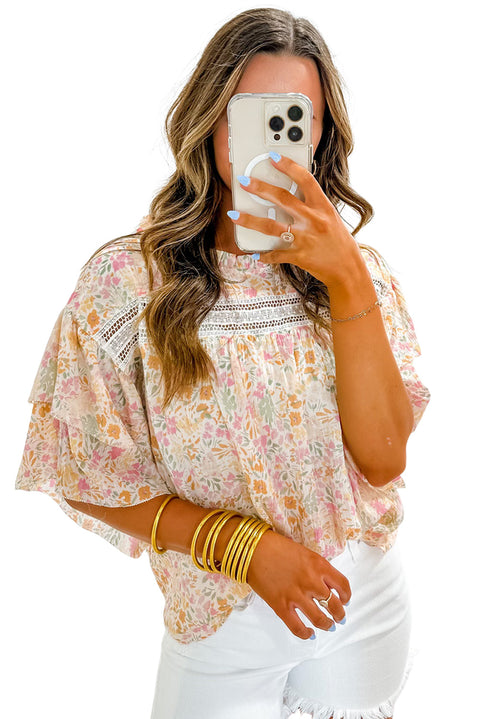 Multicolor Floral Print Wide Ruffle Sleeves Blouse