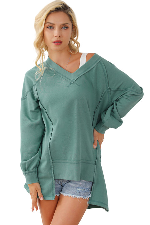 Green High Low Exposed Seam V Neck Loose Sweatshirt