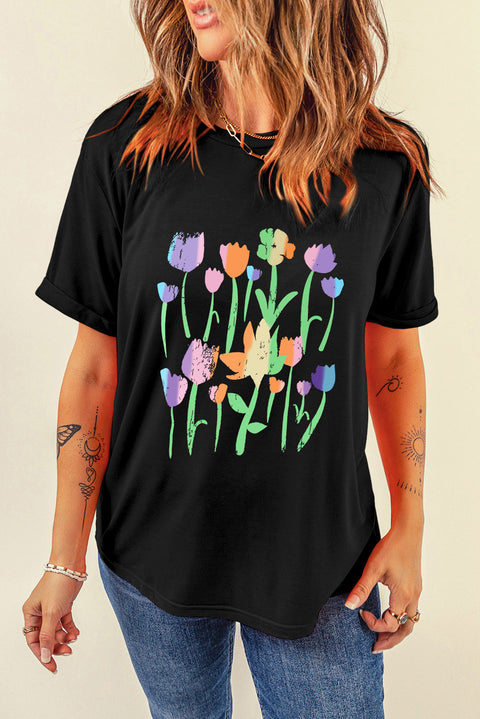 Black Floral Print Crewneck T Shirt