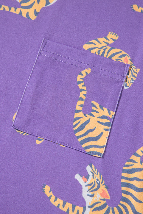 Purple Allover Tiger Printed Patch Pocket Loose T Shirt