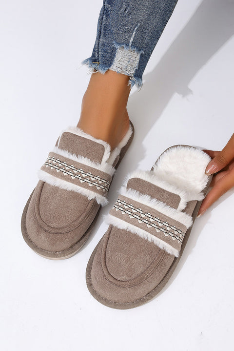 Gray Suede Wavy Striped Plush Lined Slippers