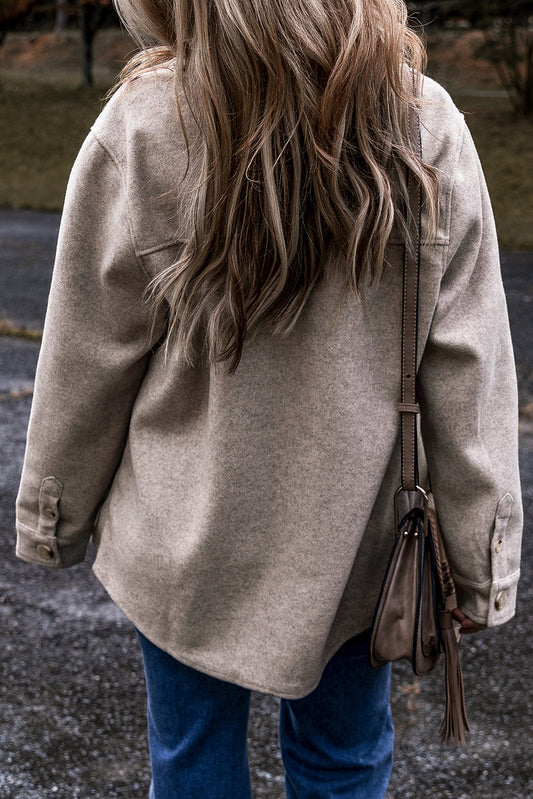 Light Grey Turn Down Collar Flap Pockets Buttoned Shacket