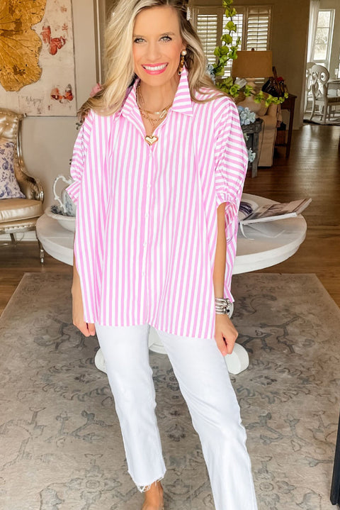 Pink Stripe Dolman Sleeve Oversize Shirt