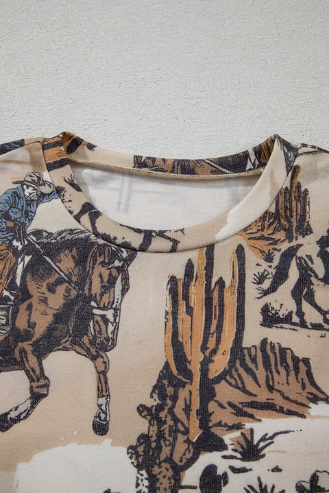 Khaki Western Cowboy Print Cuffed Sleeve Crewneck T Shirt