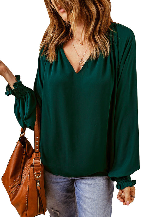 Blusa plisada con cuello en V y mangas abullonadas morada 