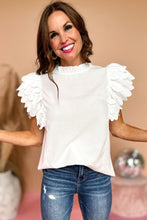 White Solid Color Scalloped Ruffle Sleeve Top