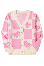 Pink Bowknot Checkered Pattern V Neck Drop Shoulder Button Up Cardigan