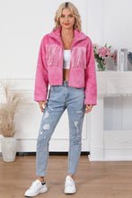 Pink Fringed Full Zipper Fleece Jacket