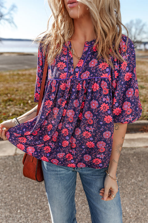 Purple Floral Half Sleeve Split Neck Blouse Top