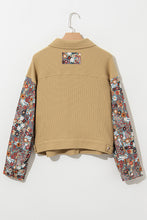 Khaki Waffle Knit Floral Print Patchwork Button up Jacket