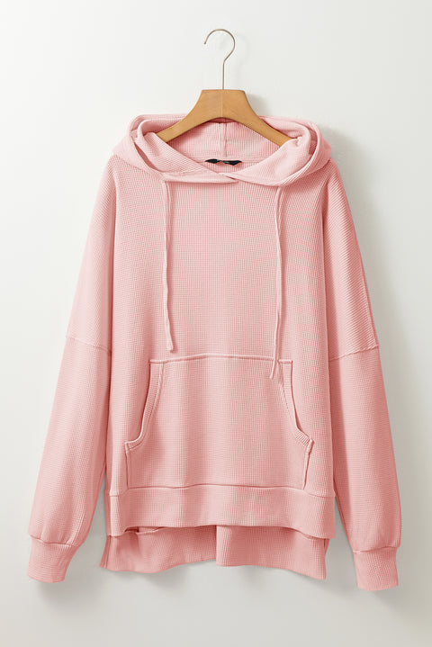 Light Pink Waffle Knit Fleece Lined High Low Oversized Hoodie