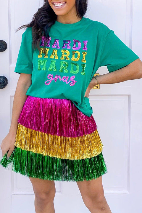 Sea Green Sequin Mardi Gras Letter Graphic T Shirt