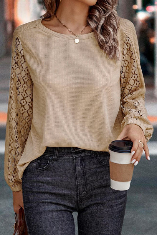 Flaxen Lace Patch Sleeve Waffle Knit Top