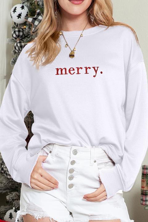 Beige Merry Graphic Embroidered Crew Neck Sweatshirt