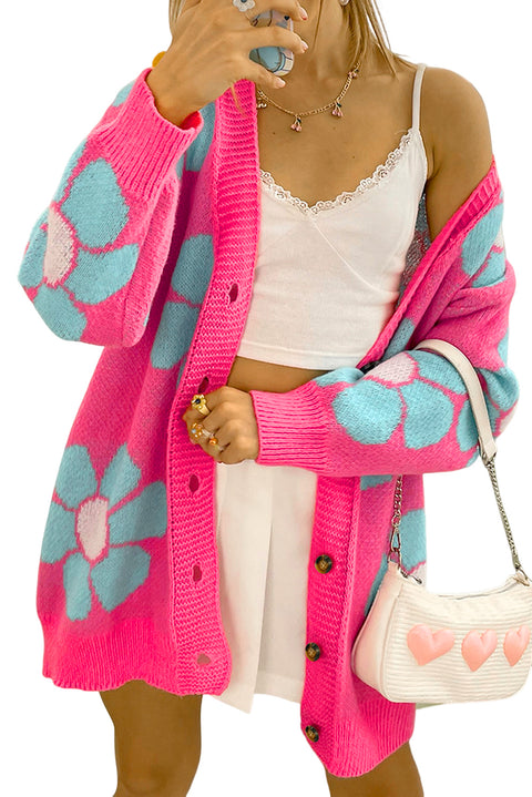 Strawberry Pink Floral Print Button up Knitted Cardigan