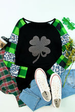 Green Leopard Plaid Patchwork Long Sleeve Rhinestone Lucky Clover Graphic Top