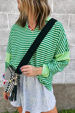 Green Stripe Turn-Down V Neck Patchwork Loose Top