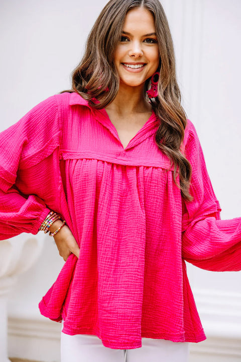 Rose Crinkle Collared V-Neck Bubble Sleeve Flowy Blouse