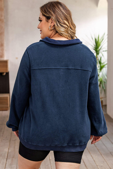 Blue Snap Buttons Pullover Plus Size Fleece Sweatshirt